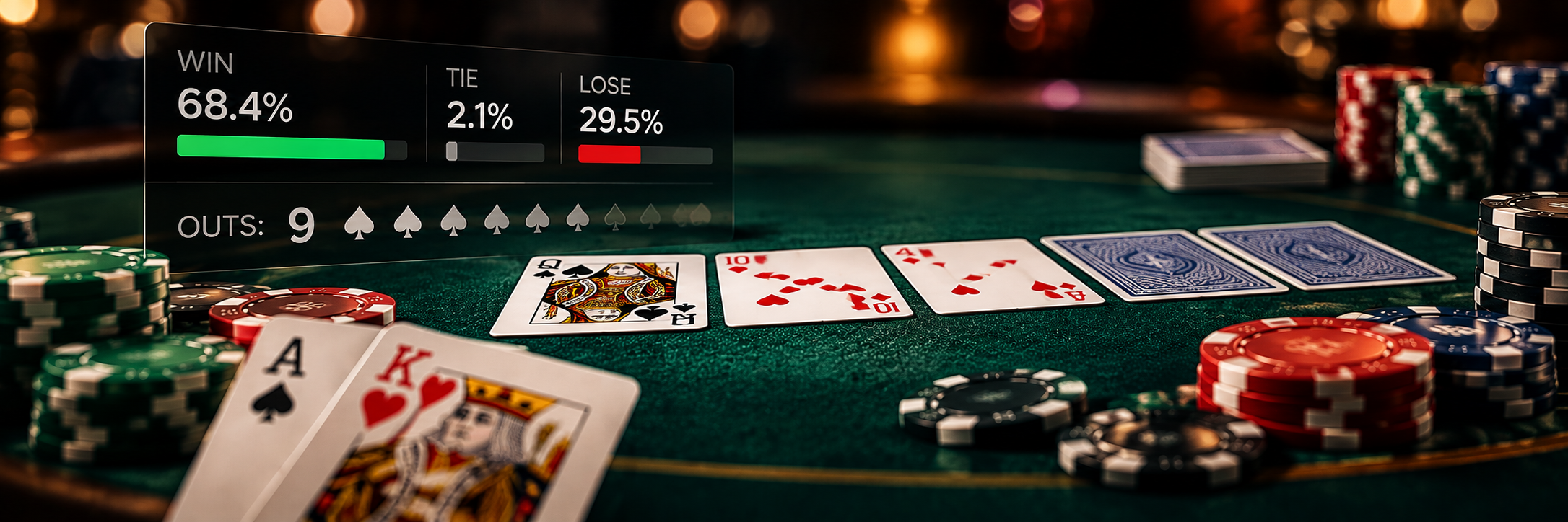 Poker cards, chips and an illustration of poker odds