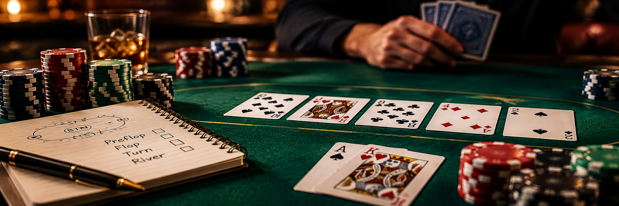 Poker strategy notebook with cards and chips