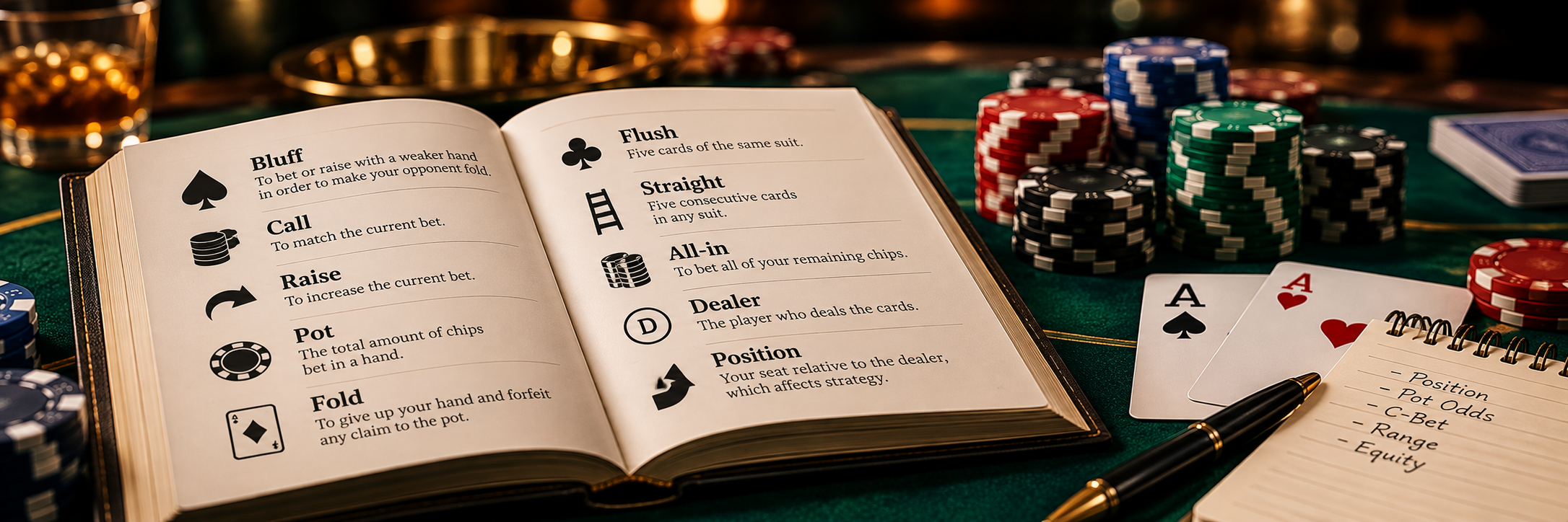 Open book explaining common poker terms